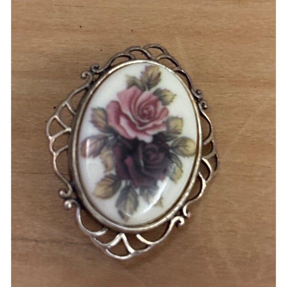 Vintage Sterling Silver Rose Brooch With Hand-Painted Porcelain Floral Cameo Des